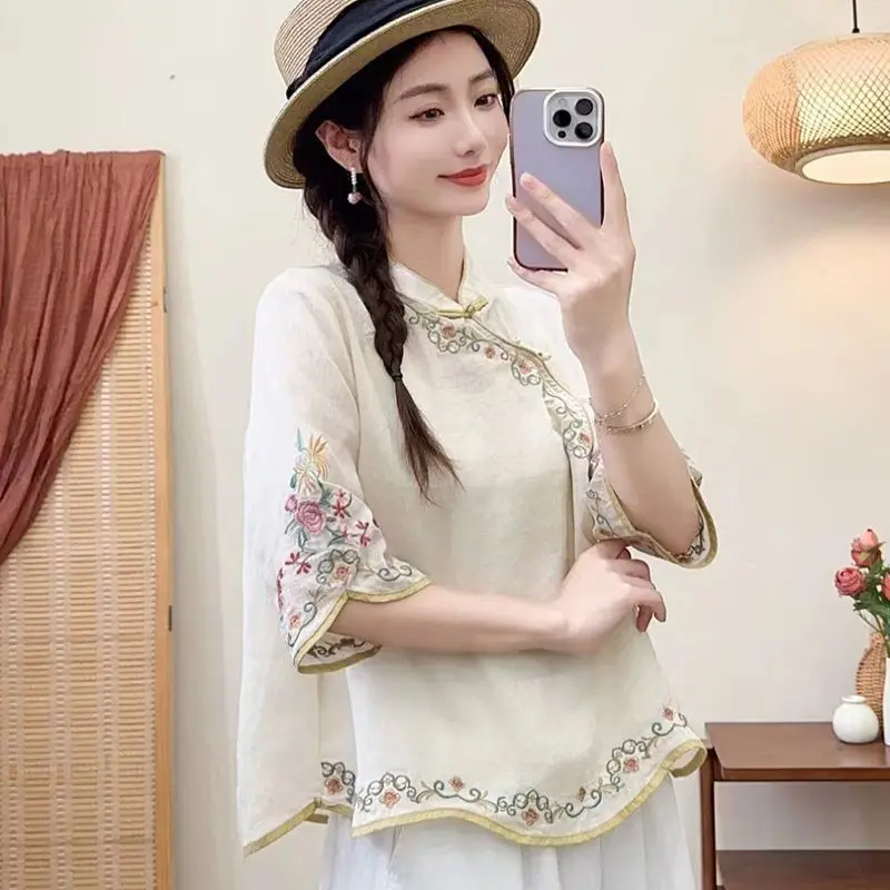 Women Chinese Style Vintage Embroidery Blouses Stand Collar Seven Quarter Sleeve Loose Shirts Summer Cotton Linen Irregular Tops