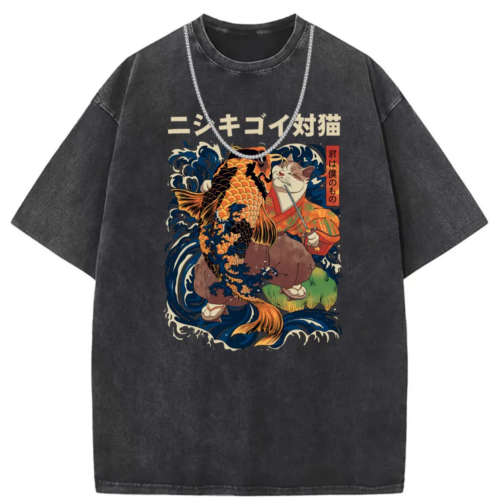 Japan Cat Carp Funny T-shirts Unisex Retro Washed Cotton Long Sleeve Tee Shirt Men Printed Summer/Autumn Sweatshirts