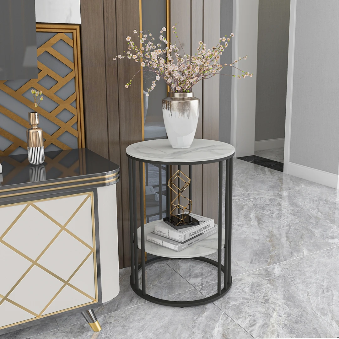 Modern Round Tier Storage Side Table with Sintered Stone Tabletop & Gold Metal Frame - Versatile End Table for Living Room