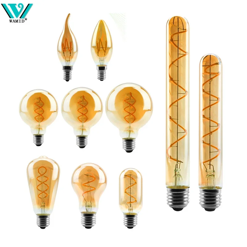 

2/4pcs Retro LED Edison Bulb E14 E27 220V Spiral Soft Filament Warm Yellow Led Light Bulb Indoor Decor Tube Globe Vintage Lamp