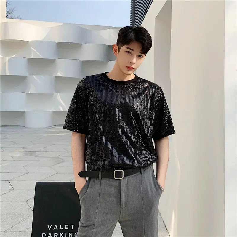 

Short Sleeved T-shirt for Men in Summer 2025 Korean Retro Hong Kong Style Loose and Lazy Top Fashionable Rhinestone T-shirt