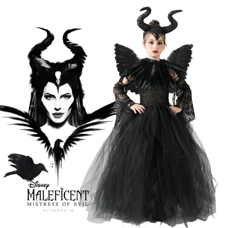 

Dark Black Maleficent Gown Evil Queen Girls Cosplay Dresses Children Carnival Halloween Disguise Costume Kids Tulle Robe Clothes