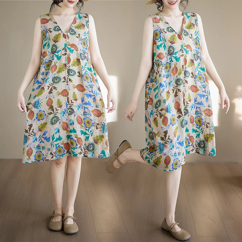 

Korean Style V-Neck Sleeveless Vest Loose Fit Women's Dress City Walk Cotton Polyester Blend A-Line Skirt Mid-Length Dress