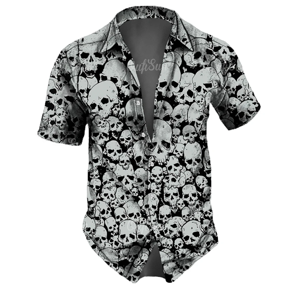 Skull Lapel Men'S Shirts Horror 3d Print Casual Hawaiian Man Retro Shirt For Street Button Short Sleeves Male Clothes