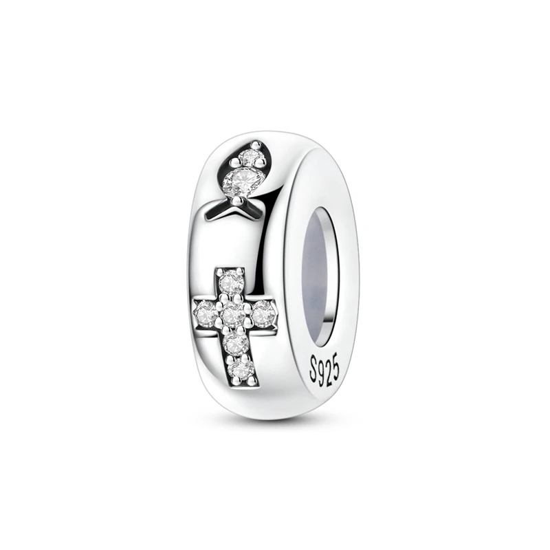 Religious Charms 925 Silver Jesus Fish Cross Beads Shiny Zircon Isolated Beads for Women Original Bracelet Jewelry Gifts DIY view 2
