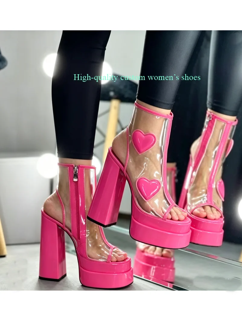 

Square With Exposed Toes Transparent Fabric Heart-Shaped Decorations Red High Heels Shuang Zeng Waterproof Platform Summer Boots