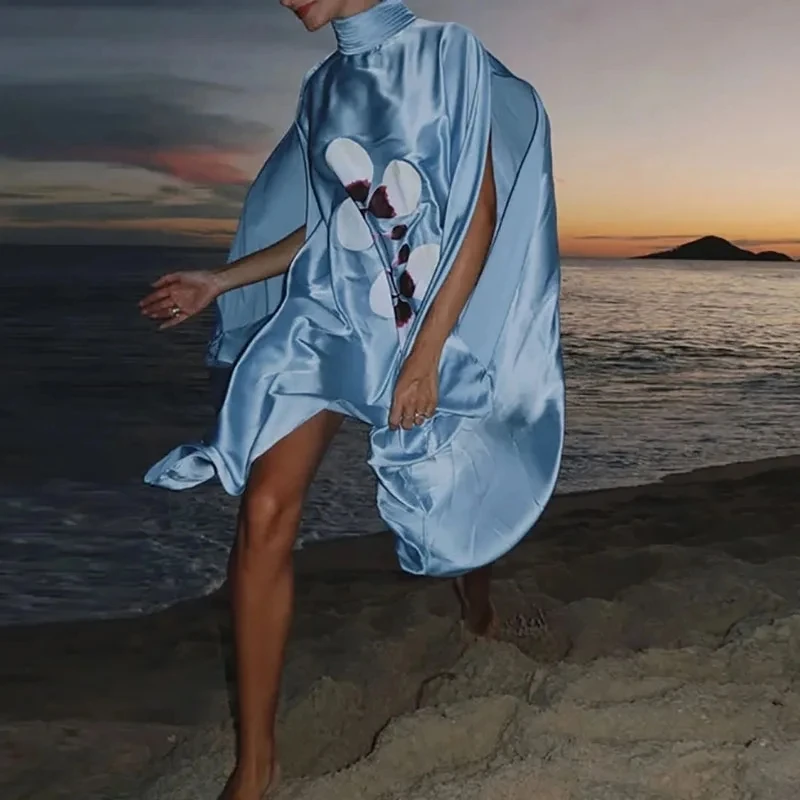 

Fashion Turtleneck Printed Party Short Dress Chic Design Style Hollow Out Batwing Sleeve Dress Elegant Solid Color Women's Dress