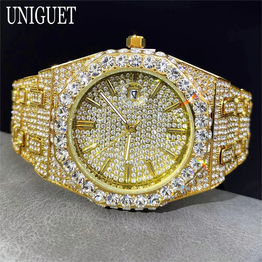 2024 UNIGUET Orologio in oro ghiacciato per uomo Moda Orologi al quarzo impermeabili Uomo Hip Hop Gioielli con diamanti Orologio da polso Reloj