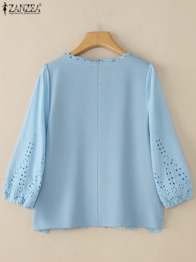 ZANZEA Elegant Openwork Embroidery Blusas Mujer Square neck Lace-Trim Solid Womens Blouses Street Fashion 3/4 Puff Sleeve Tops