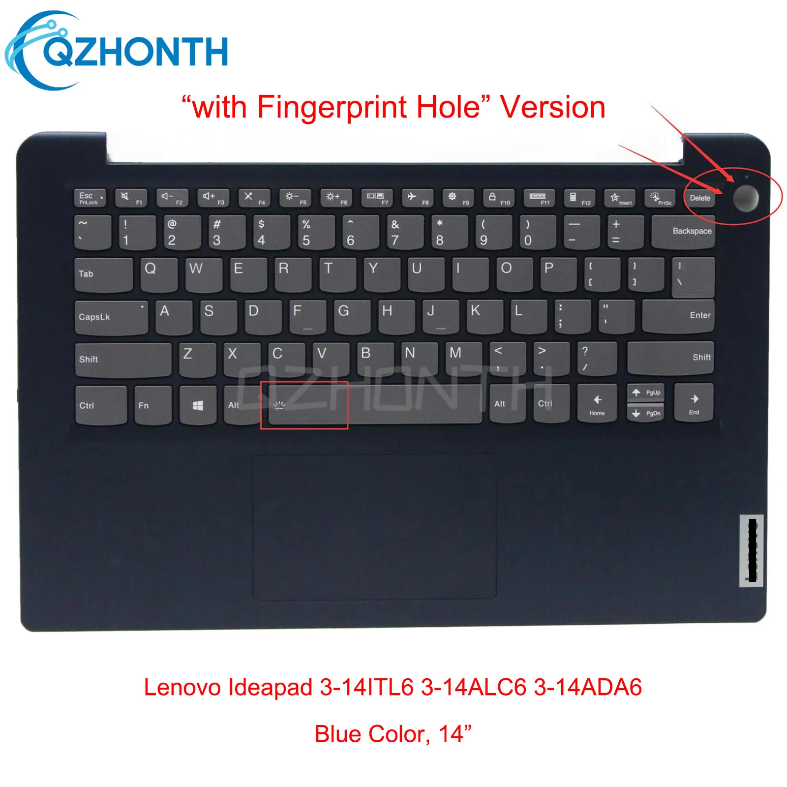 New Palmrest w/ Backlit Keyboard (Fingerprint Hole) For Lenovo IdeaPad 3-14ITL6 3-14ADA6 3-14ALC6 Blue 5CB1B97646 14