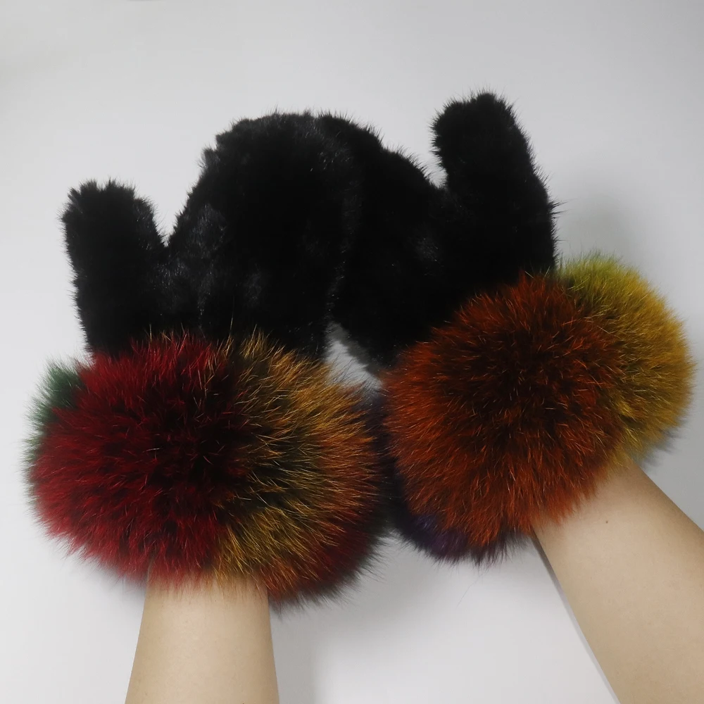 Winter Women Luxury 100% Real Mink Fur Gloves With Fox Fur Cuff Warm Natutal Fur Glove Female Thick Knit Real Mink Fur Mittens