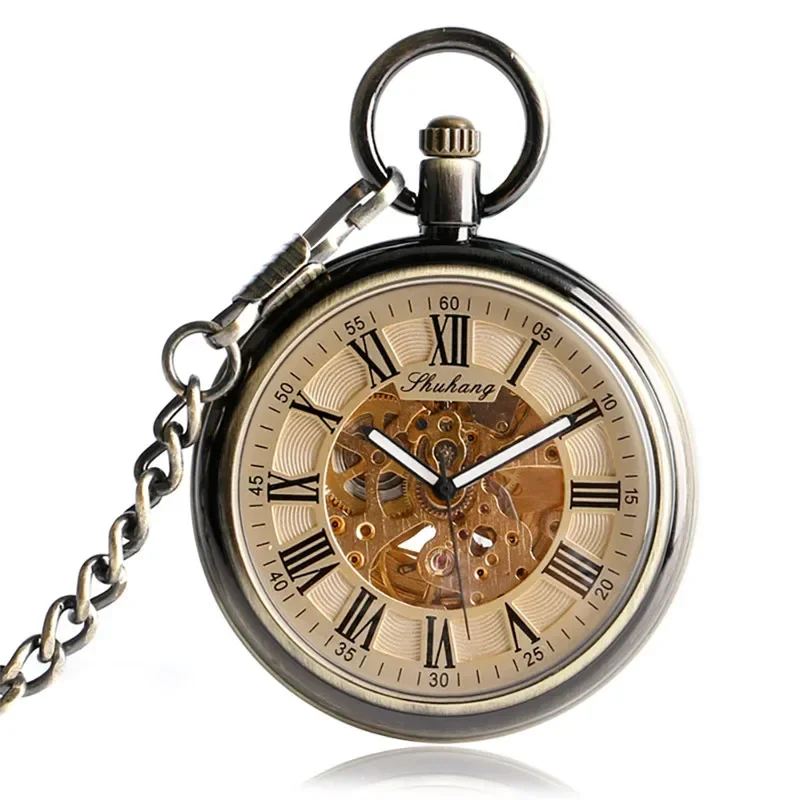 Retro Bronze Men Women Automatic Mechanical Pocket Watch Luminous Hands Roman Numeral Pendant Chain Relogio de bolso Gift