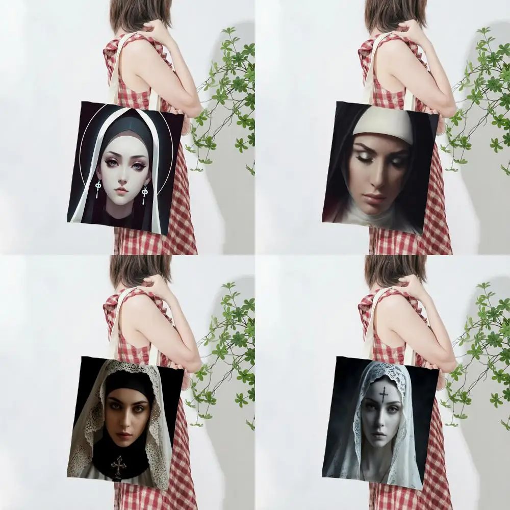 

Simple Casual Devout Religious N-Nun Storage Bags Lightweight Printed Canvas Bag Portable Daily Shopping Shoulder Bag