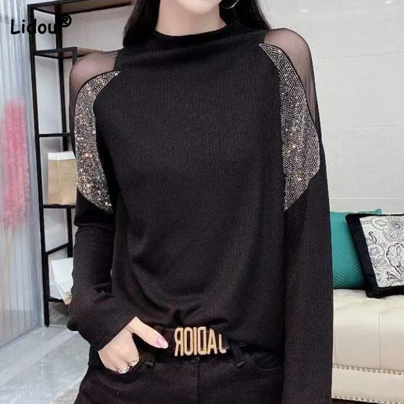 

Female Fashion Korean Mesh Spliced Long Sleeve T-shirt Autumn Winter Trend Casual Solid Color Diamonds Tops Women's Clothing