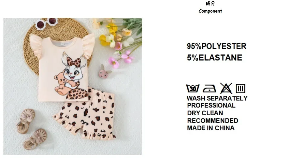 Mädchen-Outfit, 2-teilig, mit Cartoon-Kaninchenmuster, Rüschenärmeln, Leopardenmuster-Shorts, für Kinder, ideal für Sommer, Strand, Alltag, Freizeitkleidung, Set ZYD47. – Detail 2
