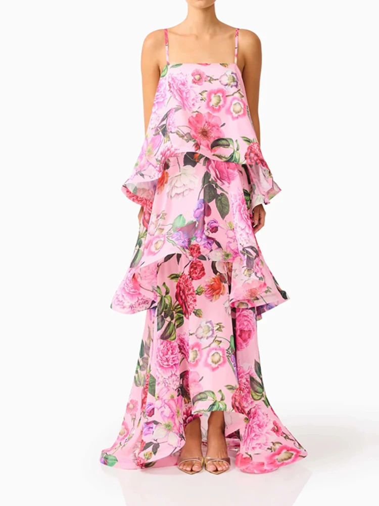 Sexy Rückenfreies Hochgeschnittenes Rüschenkleid für Damen Modisches Bedrucktes Drapiertes Langes Kleid Elegantes Schulterfreies Ärmelloses Strandkleid