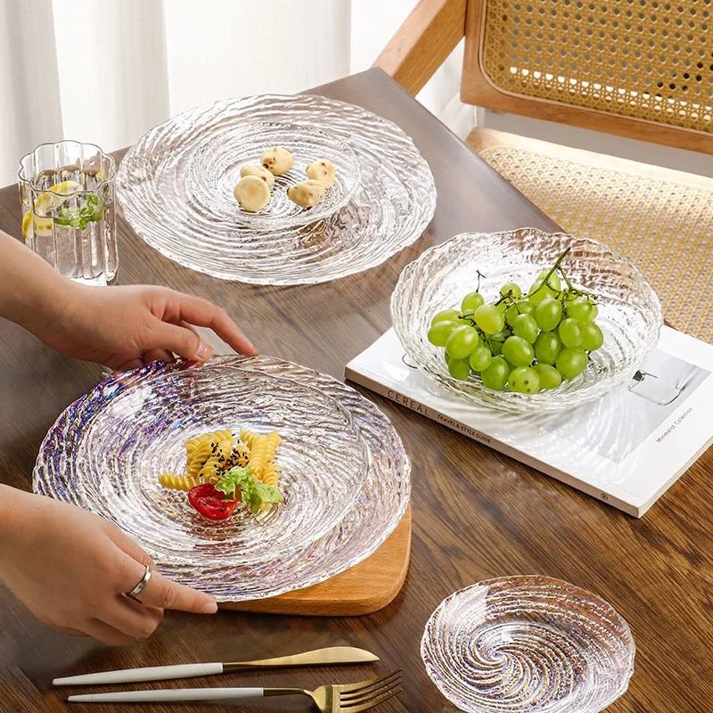 Transparent Glass Dessert Dish Light Luxury Household Dim Sum Fruit Salad Plate Kitchen Tableware Round Bread Plates тарелки