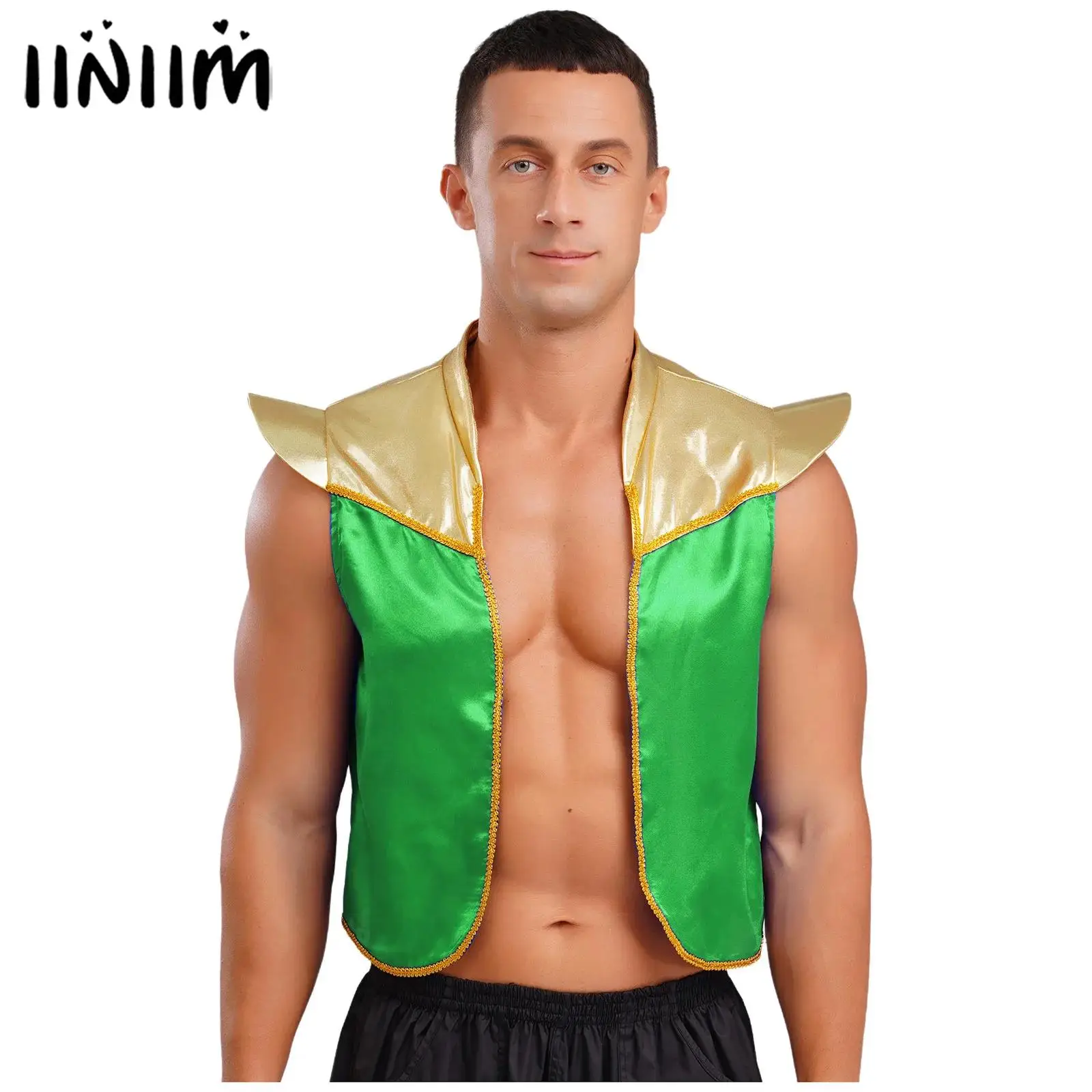 

Mens Halloween Arabian Prince Cosplay Costume Shoulder Pads Open Front Vest Color Block Shiny Metallic Vest Performance Costume