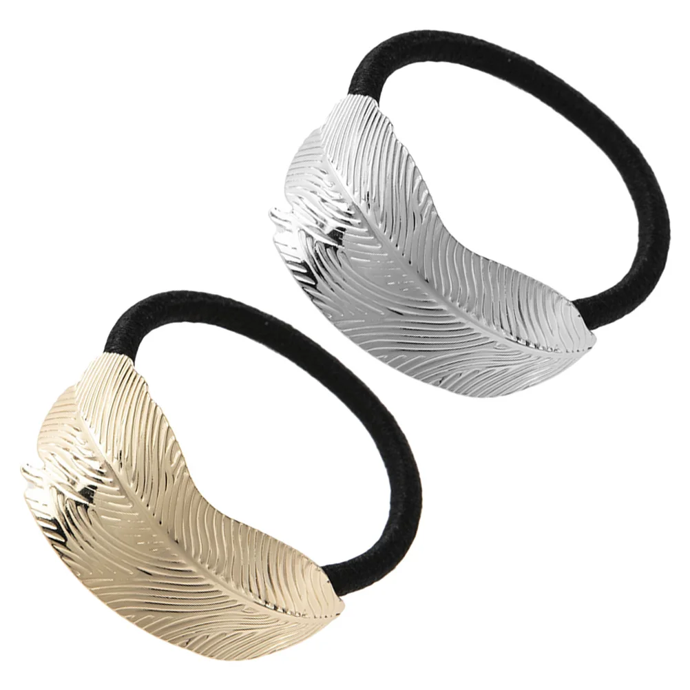 

2Pcs Metal Hair Accessories Women Leaf Shape Elastic Ponytail Holders Durable Hair Rings Thick Ties For Daily Use
