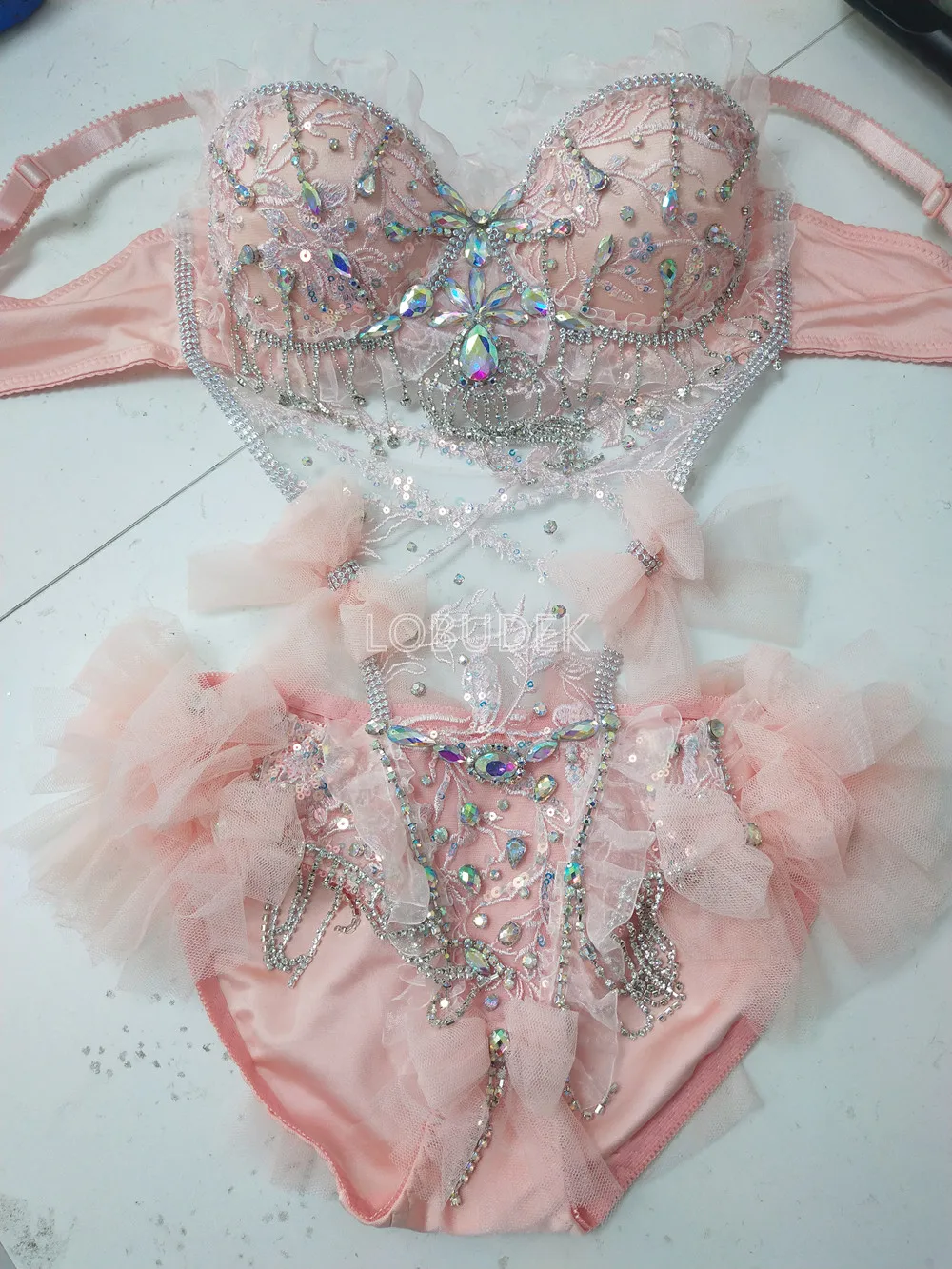 Sexy Pole Dance Rhinestone Bikini Bodysuit Gogo Costume Club Party Show Rave Outfit Nightclub Bar DJ Dancer Performance Clothes