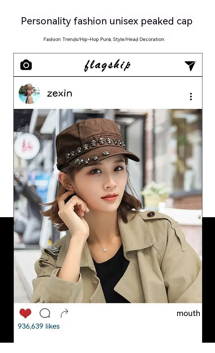 Männer Frauen Baseball Kappe Schädel Niet Flache Top Großen Kopf Hut Outdoor Freizeit Hüte Hip Hop High Street Tanzen K-pop – Detail 3