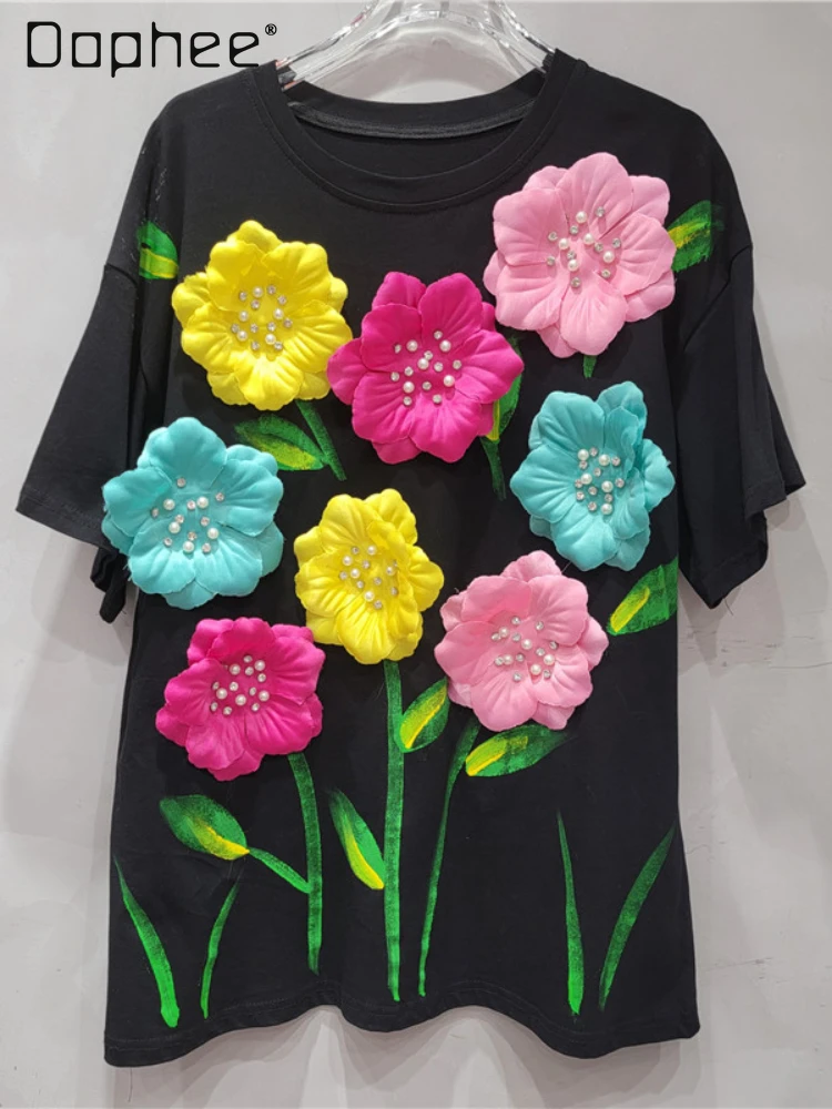 Heavy Industry Beads Trendy Brand Loose Black Top Women's 2025 New Three-dimensional Flower Short-sleeved T-shirt Spring Summer