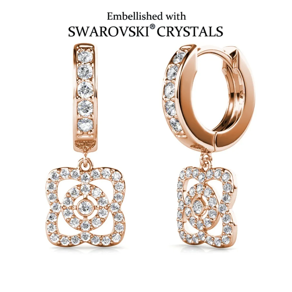 Daisini Square Drop Hoop Earrings with Multiple Swarovski Crystals Rose Gold Tone Layered Crystal Inlaid Sparkling Jewelry