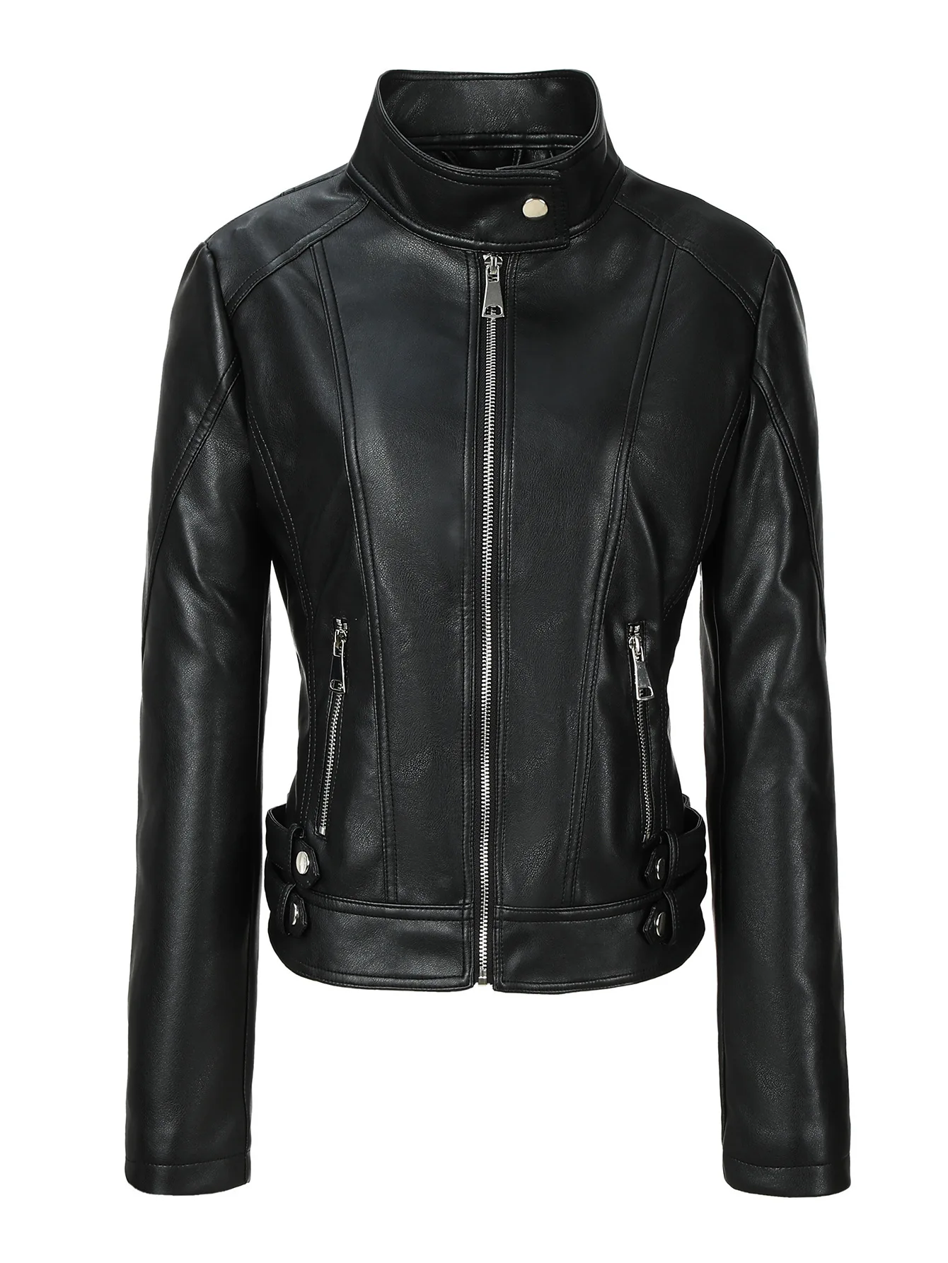 Autumn new motorcycle slim fit short style long sleeved stand up collar temperament slimming PU leather jacket women's clothing