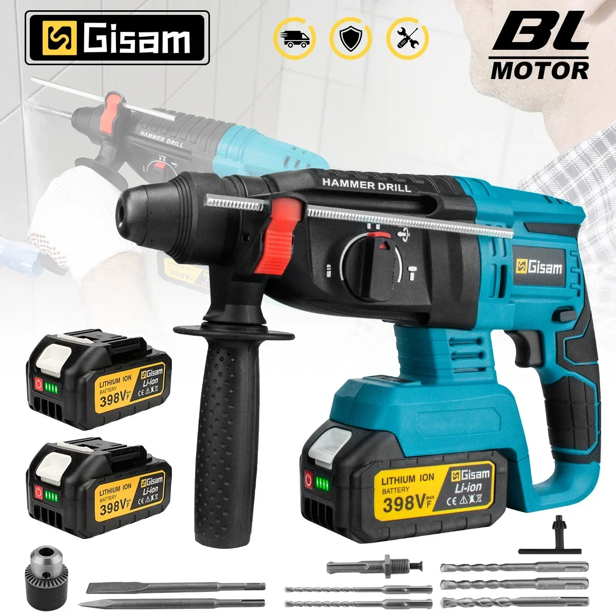 

Gisam Brushless Electric Hammer Drill 26MM Multifunctional Cordless Rechargeable Screwdriver Power Tool For Makita 18V Battery