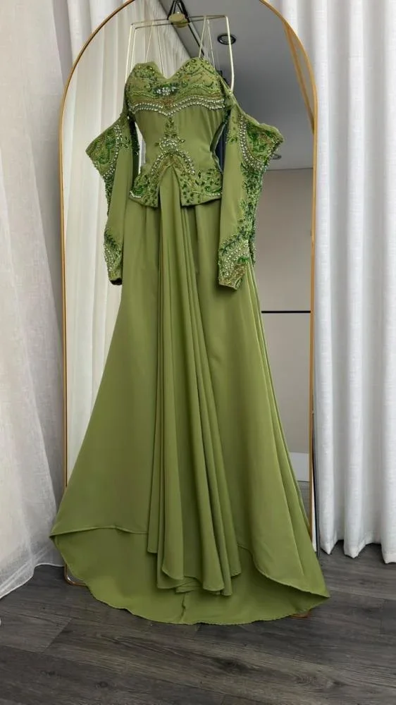 Customized Green Jersey Appliques Off Shoulder Mother Of The Bride Gown Long Sleeve Beaded Mermaid Formal Evening Party Dress