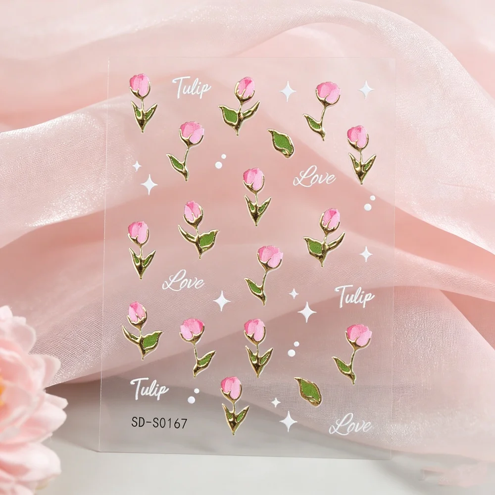 

1 лист 5D-наклеек для ногтей с рельефным изображением розовых тюльпанов, золотые узоры тюльпанов, наклейки для нейл-арта, белые слайдеры «Звездное сияние» для маникюра