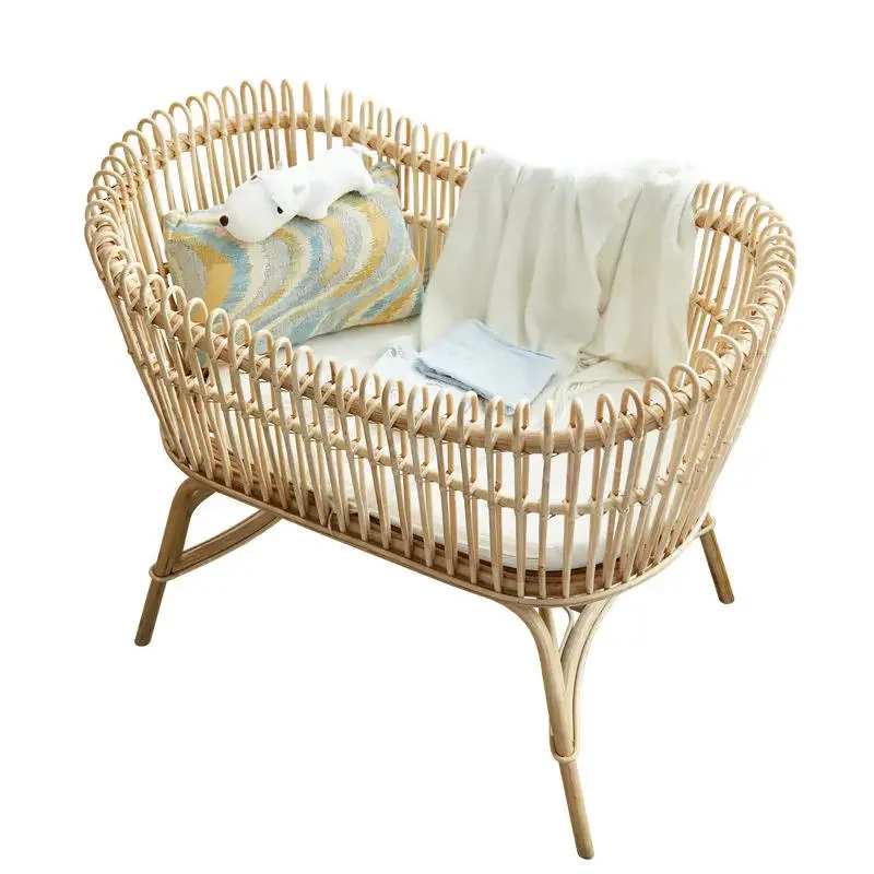 Crib Retro Natural Rattan Rattan Furniture Bed Unpainted European Handmade Baby Cradle Bed Light Luxury Baby Bed