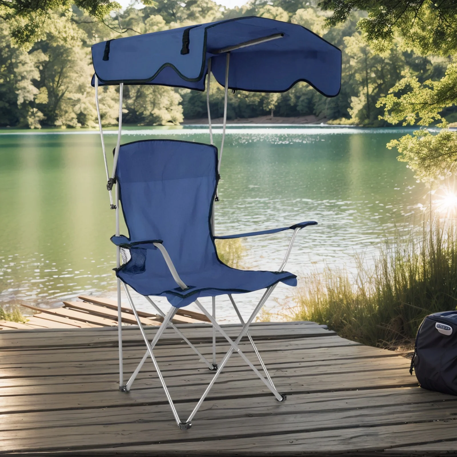 

Oversized Beach Chair with Ceiling & Cup Holder Large Camping Lawn Chair Wear Resist Portable Sunshade Chair for Poolside Travel