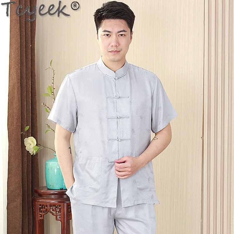 

Tcyeek 100% Real Mulberry Silk White Shirt Men Clothing Summer Short Sleeve Top Stand Collar Mens Shirts Chinese Style 2024