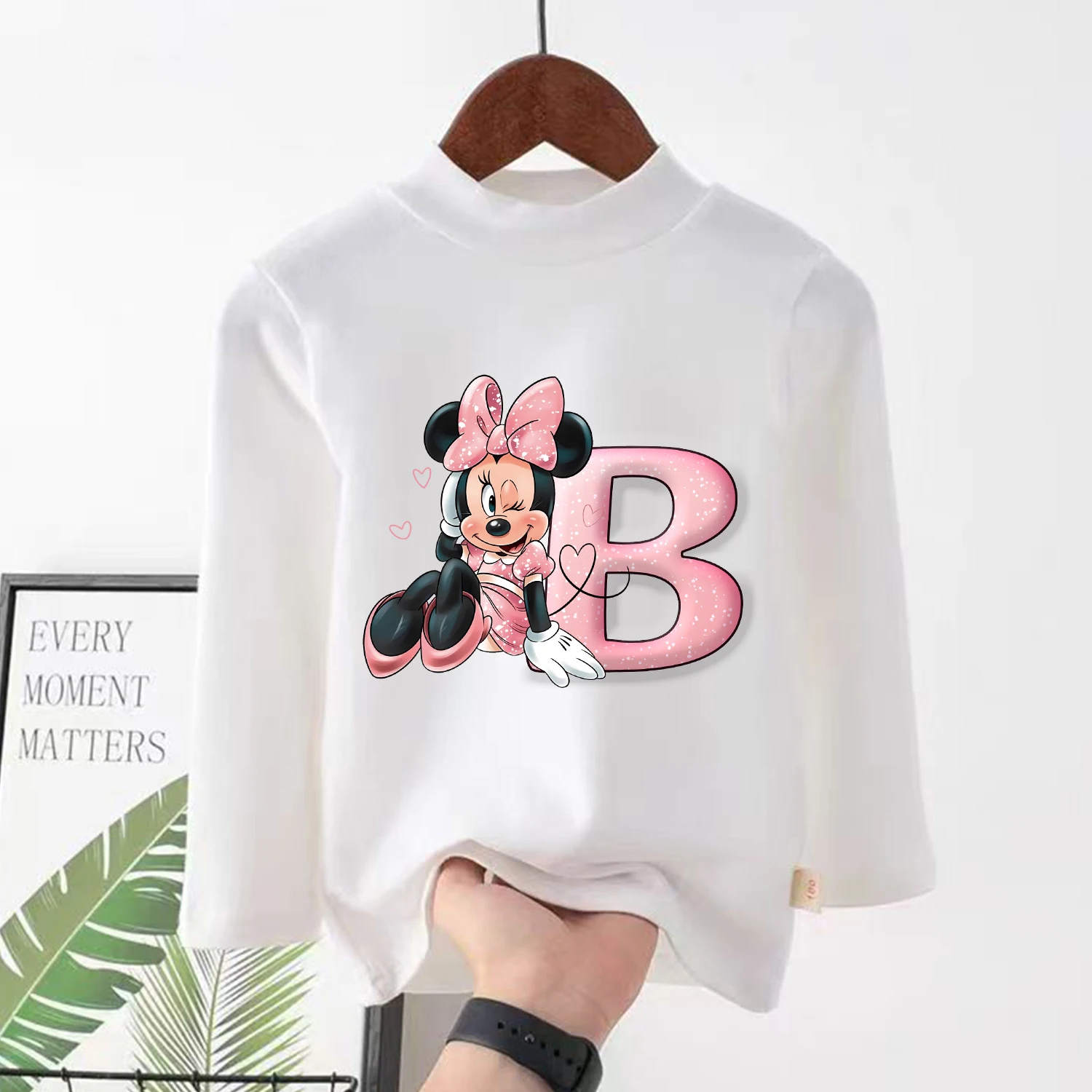 Disney Minnie Mouse Long Sleeve for Children A-Z Letter Cartoon Clothing Girls White Caftan Clothes Kids Round Neck Blouse Gift