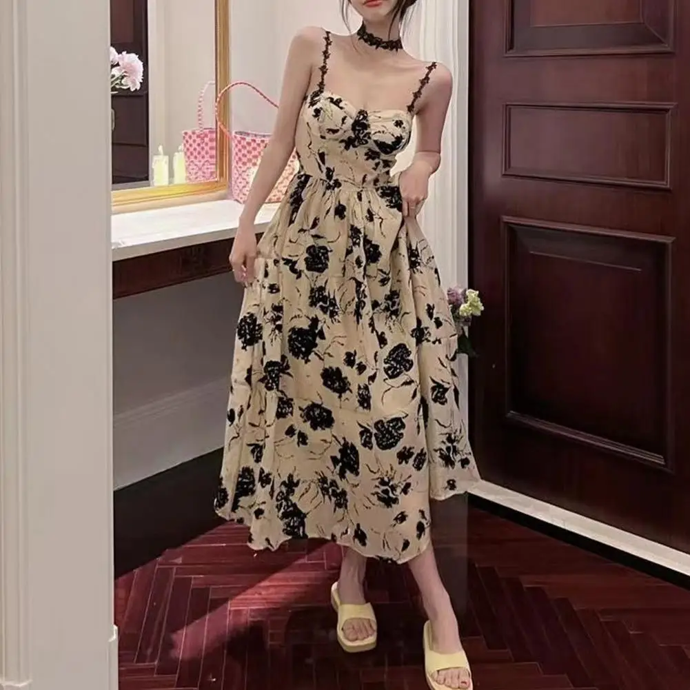 A-line Maxi Dress Elegant Lace Shoulder Strap Maxi Dress with Color Matching Flower Print Pleated High Waist for Prom or Party