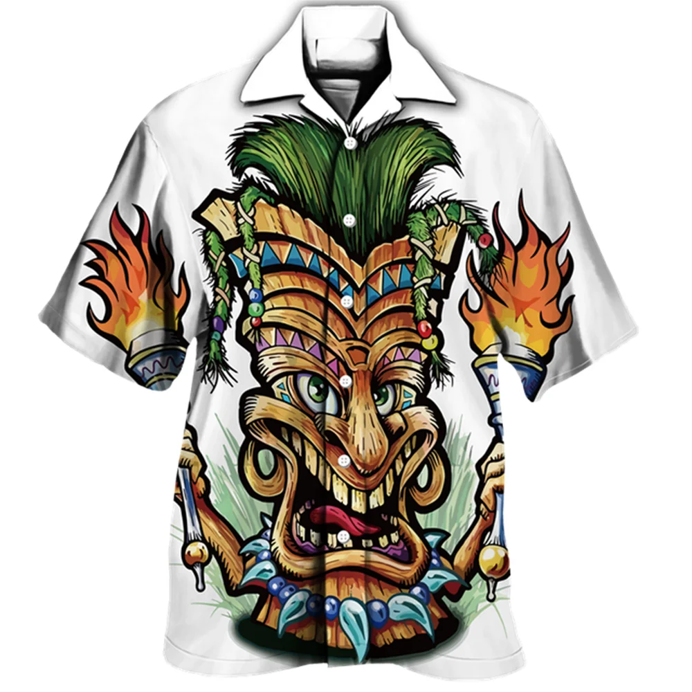 Hawaiiaanse Shirts Man Cubaanse Kraag Korte Mouw Tops 2022 Vintage Skull Fashion Heren Kleding Mayan Totem 3d Print Heren Shirts