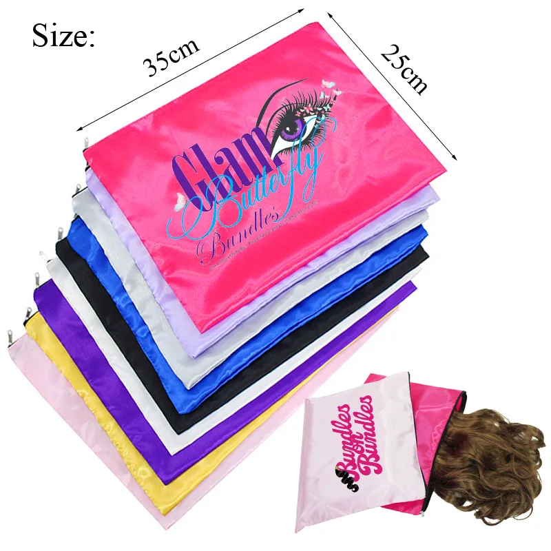 Sacos de cabelo cetim personalizados com logotipo para mulheres, Peruca sacos de embalagem para pacotes de cabelo, Big Soft Satin Bags com zíper, moda, 100pcs