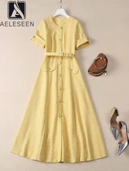 AELESEEN Runway Fashion Yellow Dress Women Autumn Short Sleeve Single-breasted Belt Elegant Office Ladies Party