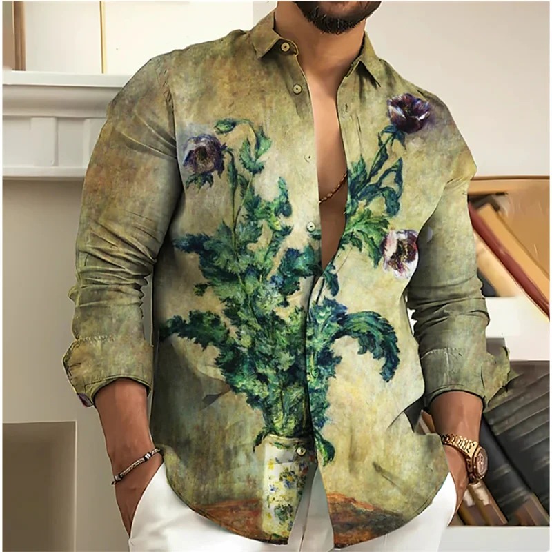 Vintage 2023 Men\'s Shirt Floral 3D Printing Lapel Long Sleeve Outdoor Streetwear Fashion Dress Designer Casual S-6XL Summer