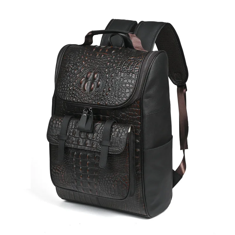 Vintage Hand-Rubbed Full-Grain Leather Backpack Crocodile Embossed Unisex Travel Bag, Anti-Theft Laptop Compartment