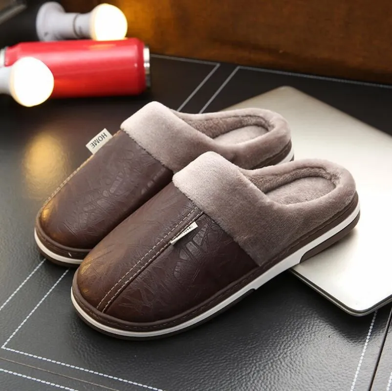 Men\'s slippers Home Winter Indoor Warm Shoes Thick Bottom Plush Waterproof Leather House slippers man Cotton shoes 2023 New