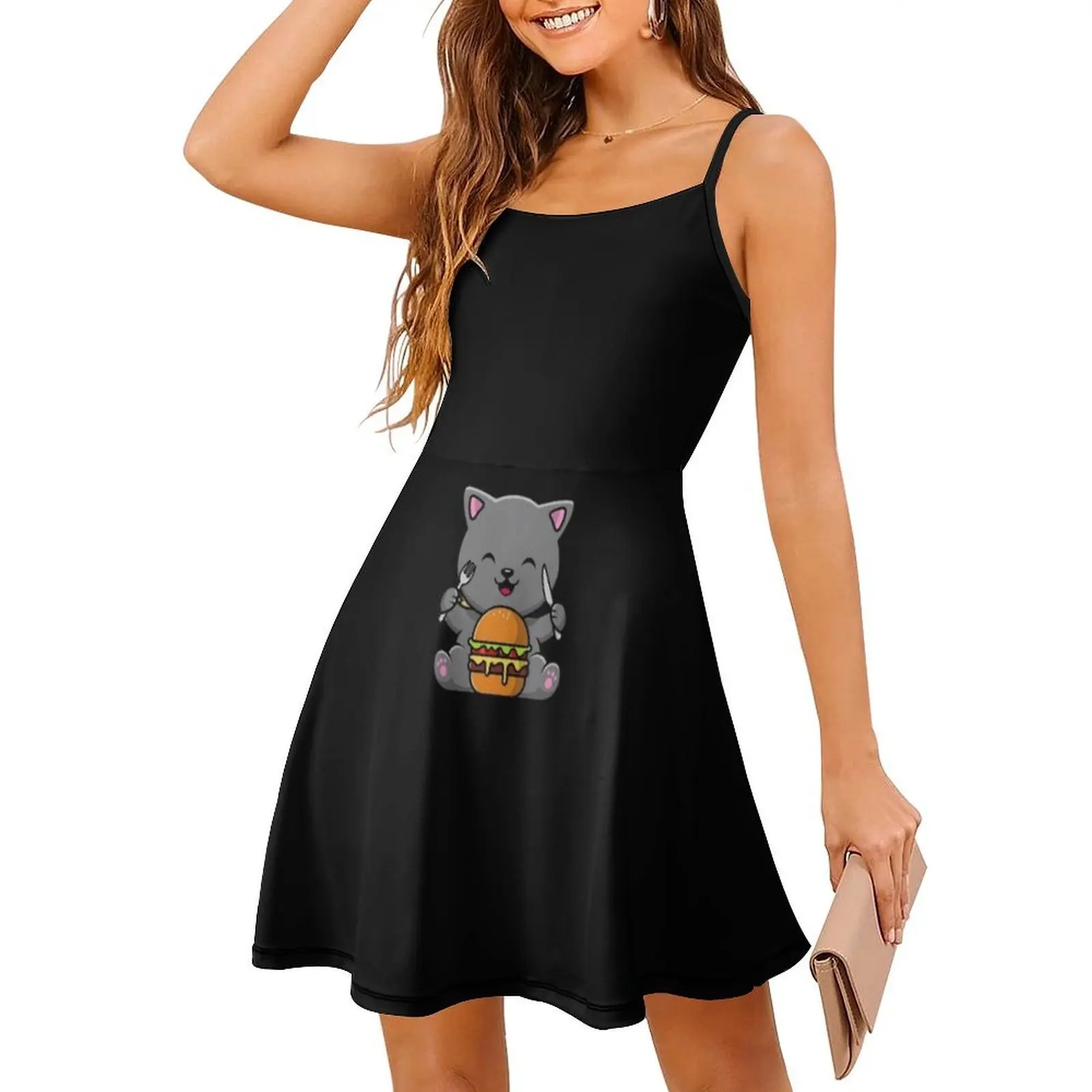 فستان بوهيمي بدون أكمام لآكل القطط، فستان متعدد الطباعة لقضاء العطلات على الشاطئ، فستان برجر للقطط، طعام القطط، فستان برجر أحب