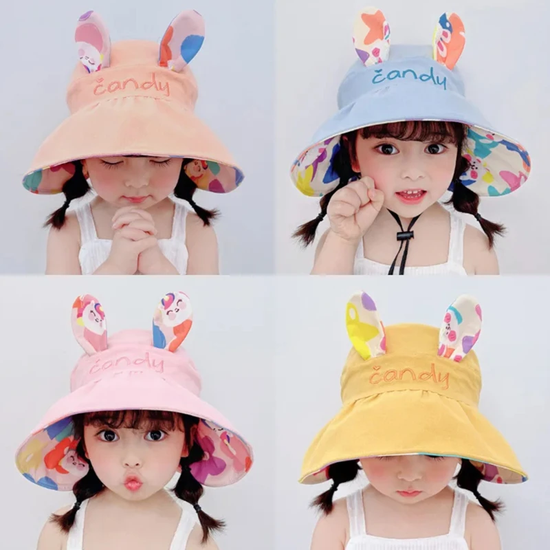 Adjustable Baby Bucket Hat Girls Sun Hat Cute Rabbit Children\'s  Empty Top Cap Large Kids Beach Cap  Bonnet