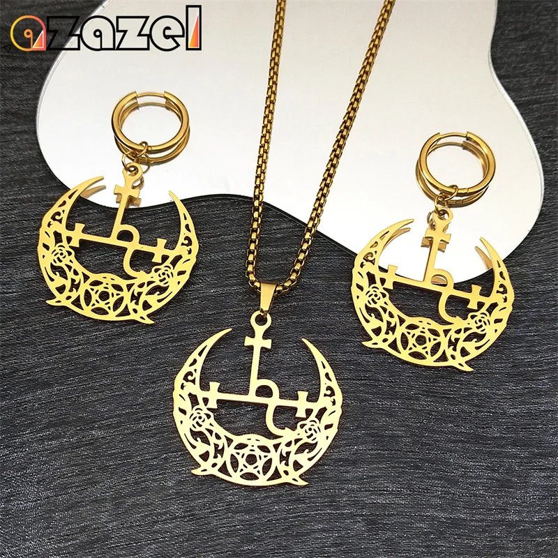 Wicca Triple Moon Crescent Pentagram Necklace Earrings For Women Men Stainless Steel Gold Color Satan Lilith Jewelry Set ZZZ957