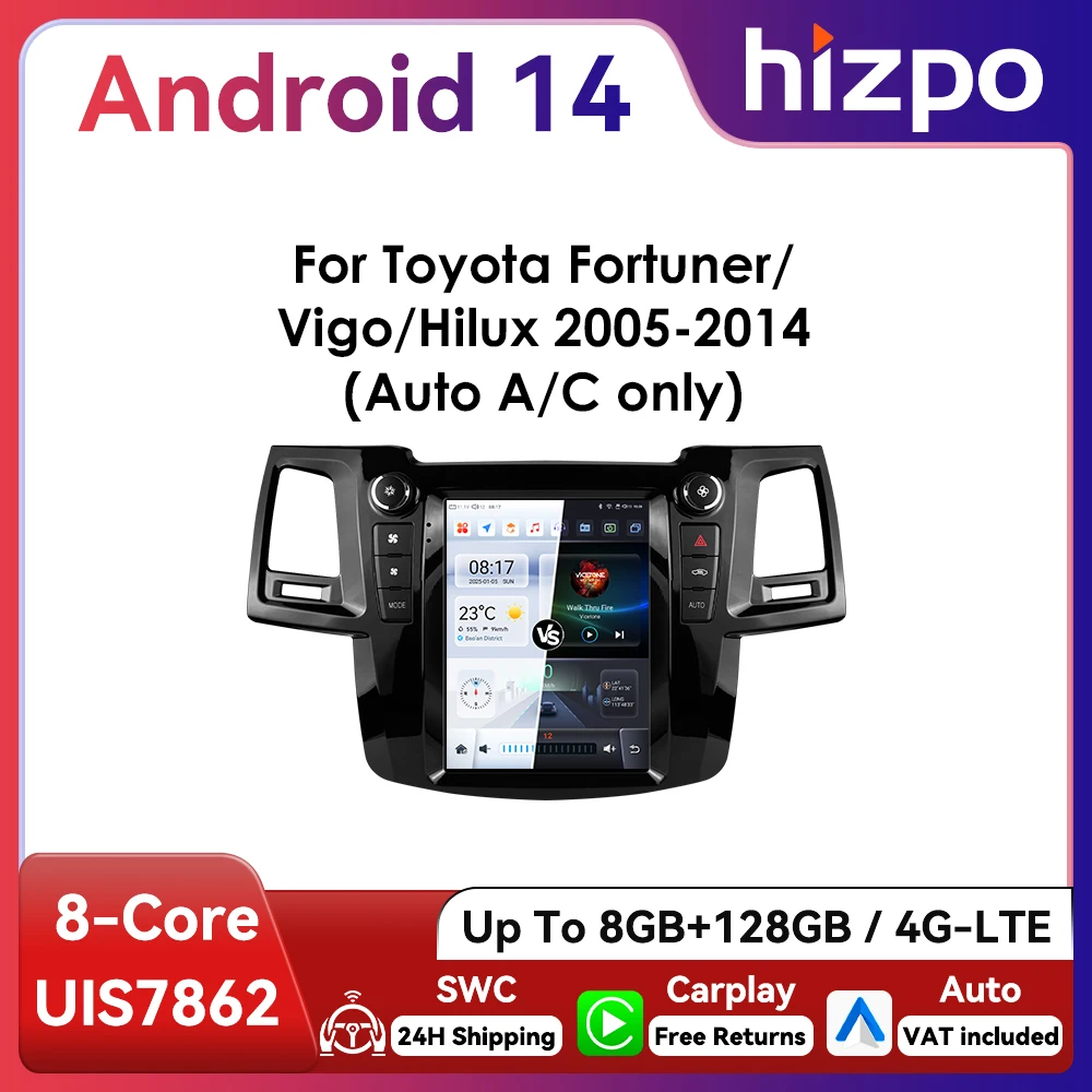راديو سيارة Hizpo Android14 مقاس 9.7 بوصة لسيارة Toyota Fortuner Vigo Hilux 2005 - 2014 Atuo AC Telsa Style الوسائط المتعددة 4G CarPlay GPS 360 ° كام
