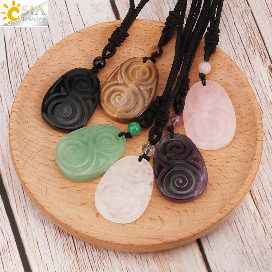 CSJA Natural Stone Pendant Necklace Handmade Carved Yoga 3D Healing Tiger Eye Crystal Shield Shape Pendants Amulet Jewelry H242