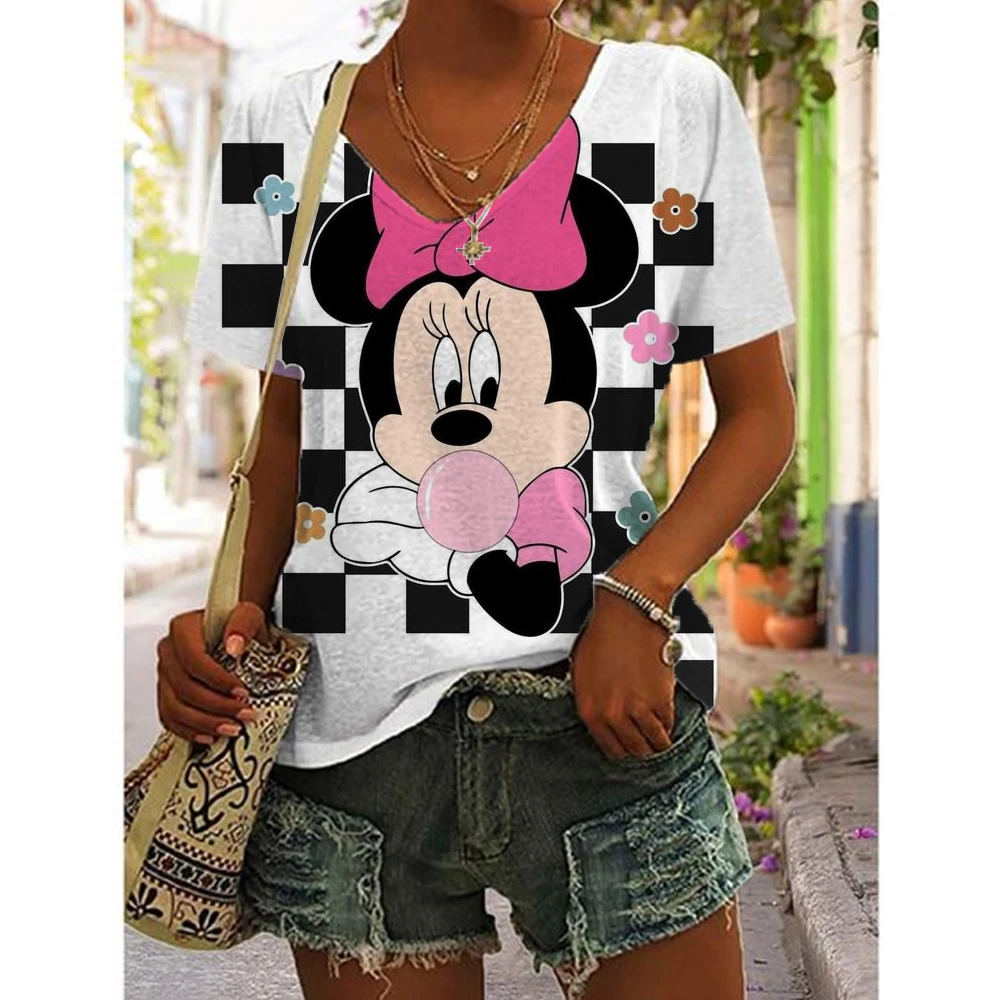 Summer New Women T Shirt Disney Minnie Mickey Mouse Print V-neck Short Sleeve Blouse Fashion Plus Size T-shirts For Women Top