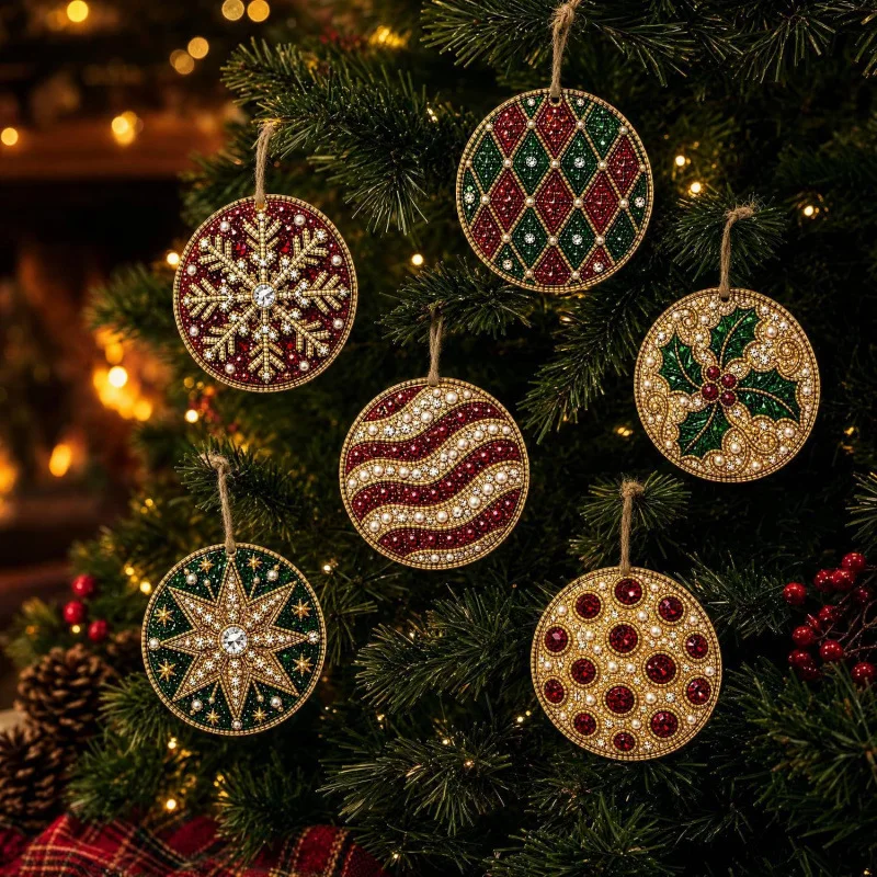 6-teiliges Weihnachts-Perlen-Diamant-Malerei-Set 5D Vollrunde DIY-Diamanten für Weihnachtsbaum-Hängedekoration, Weihnachtsdekoration – Detail 7