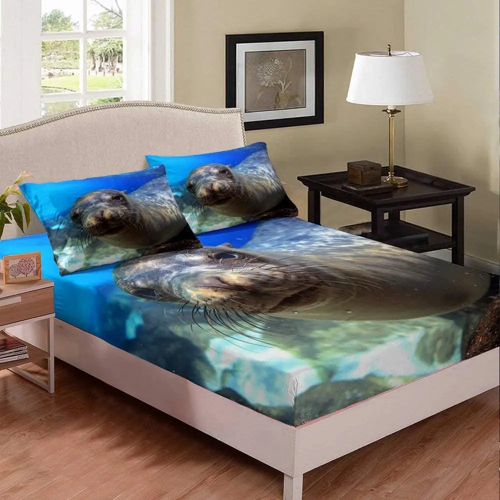 Sea Lion Fitted Sheet Underwater World Vivid Life Bed Sheet Girl Queen Animal Theme Bedding Set Bedding King Queen Full Size